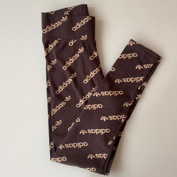 Adidas Originals Woman Logomania Repeat Logo Monogram Leggings Brown & Tan - Picture 1 of 7
